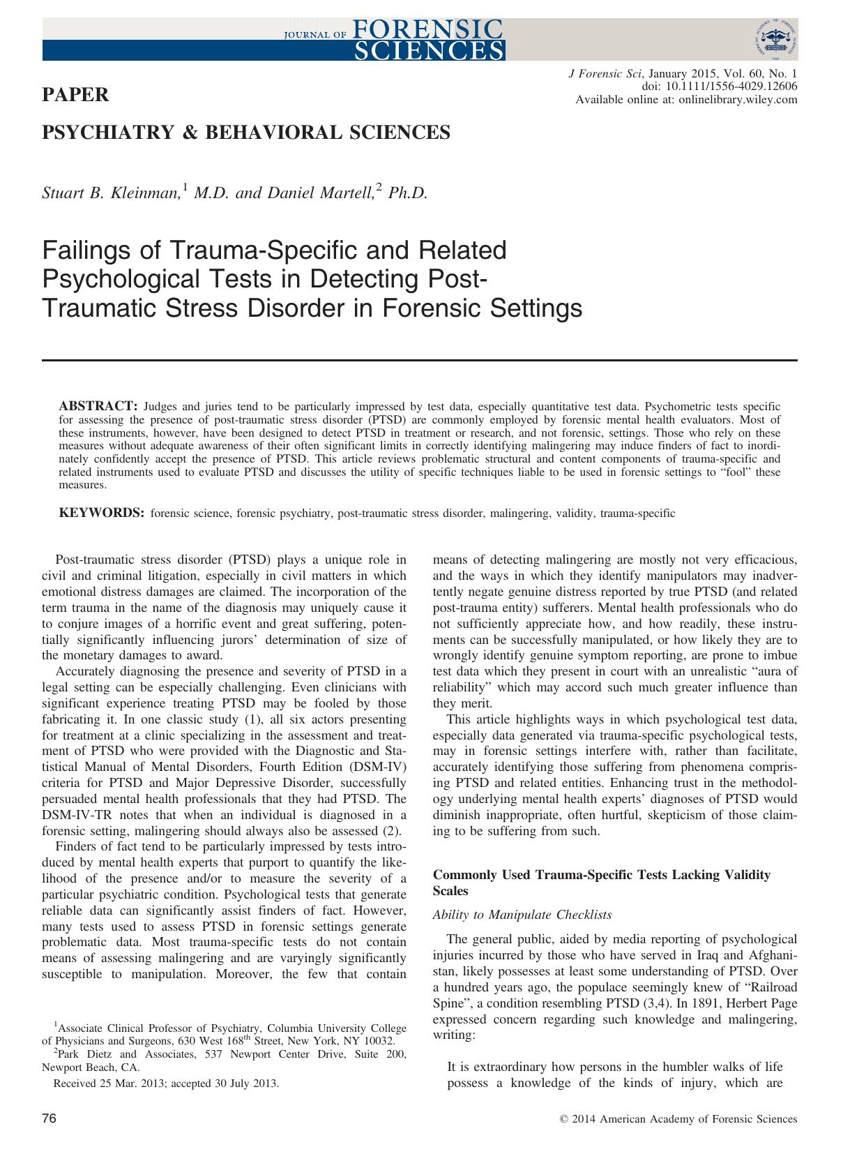 Failings of Trauma‐Specific and Related Psychological Tests in Detecting Post‐Traumatic Stress Disorder in Forensic Settings by Unknown