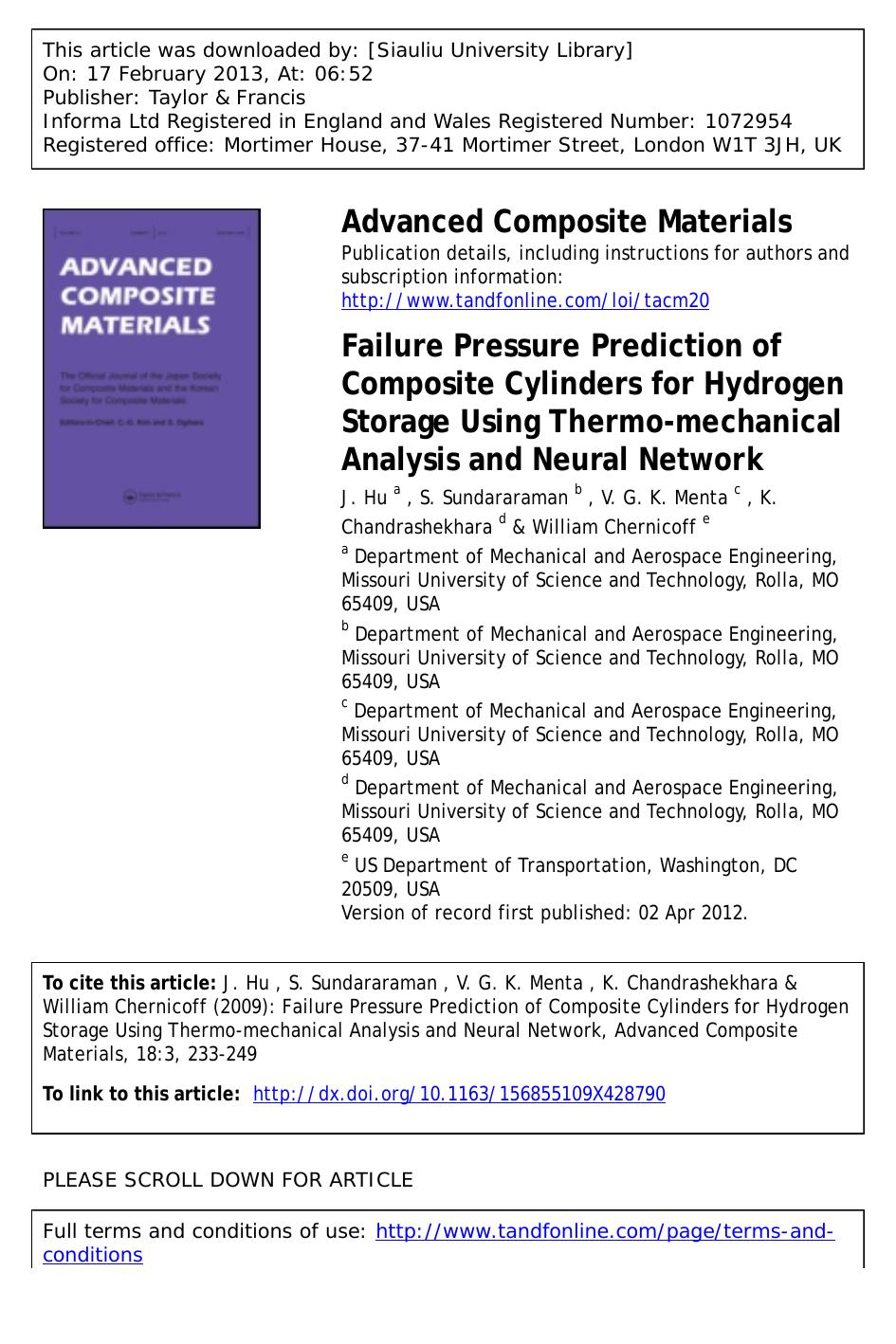 Failure Pressure Prediction of Composite Cylinders for Hydrogen Storage Using Thermo-mechanical Analysis and Neural Network by J. Hu S. Sundararaman V. G. K. Menta K. Chandrashekhara & William Chernicoff