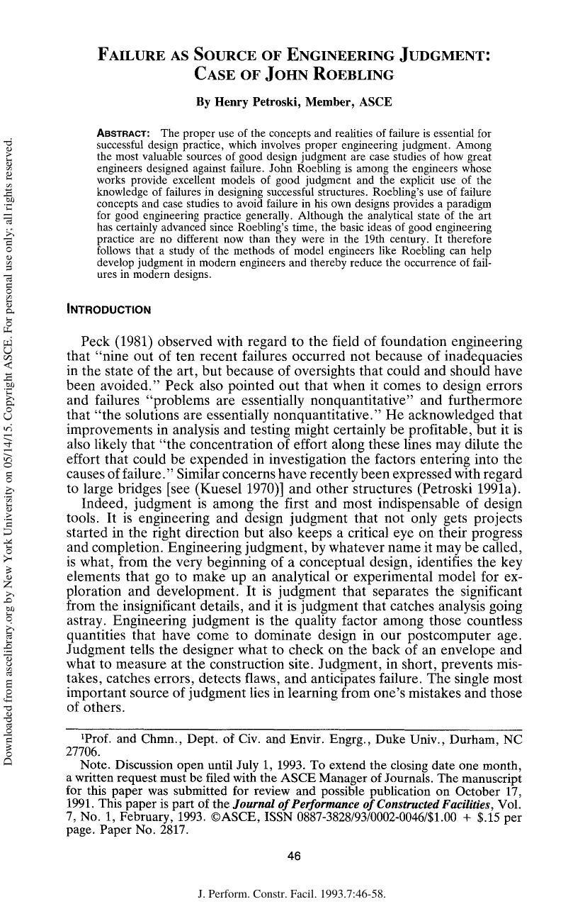 Failure as Source of Engineering Judgment: Case of John Roebling by Petroski H