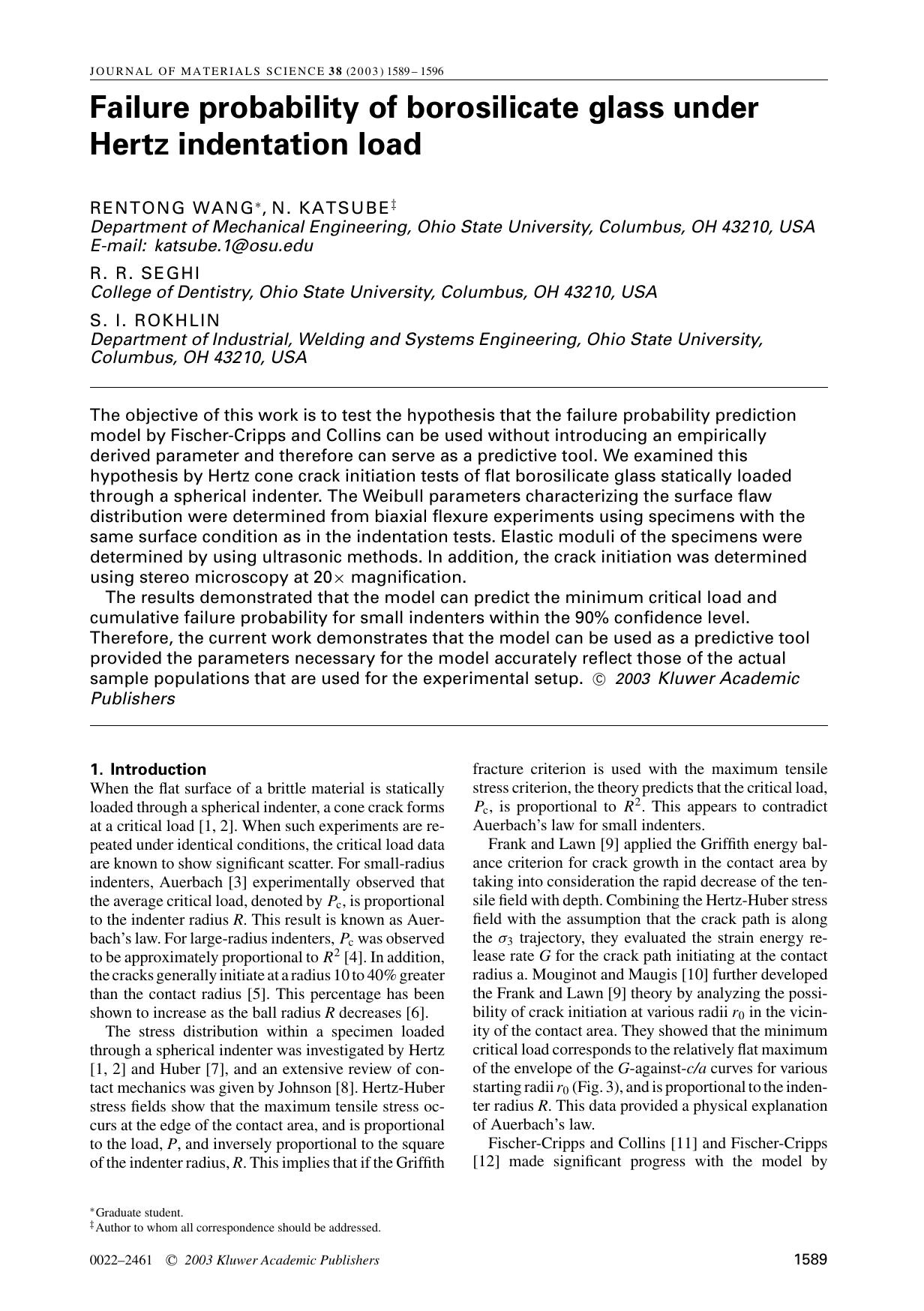 Failure probability of borosilicate glass under Hertz indentation load by Unknown