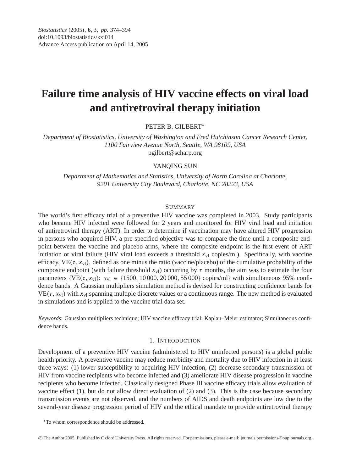 Failure time analysis of HIV vaccine effects on viral load and antiretroviral therapy initiation by Gilbert P.B. Sun Y