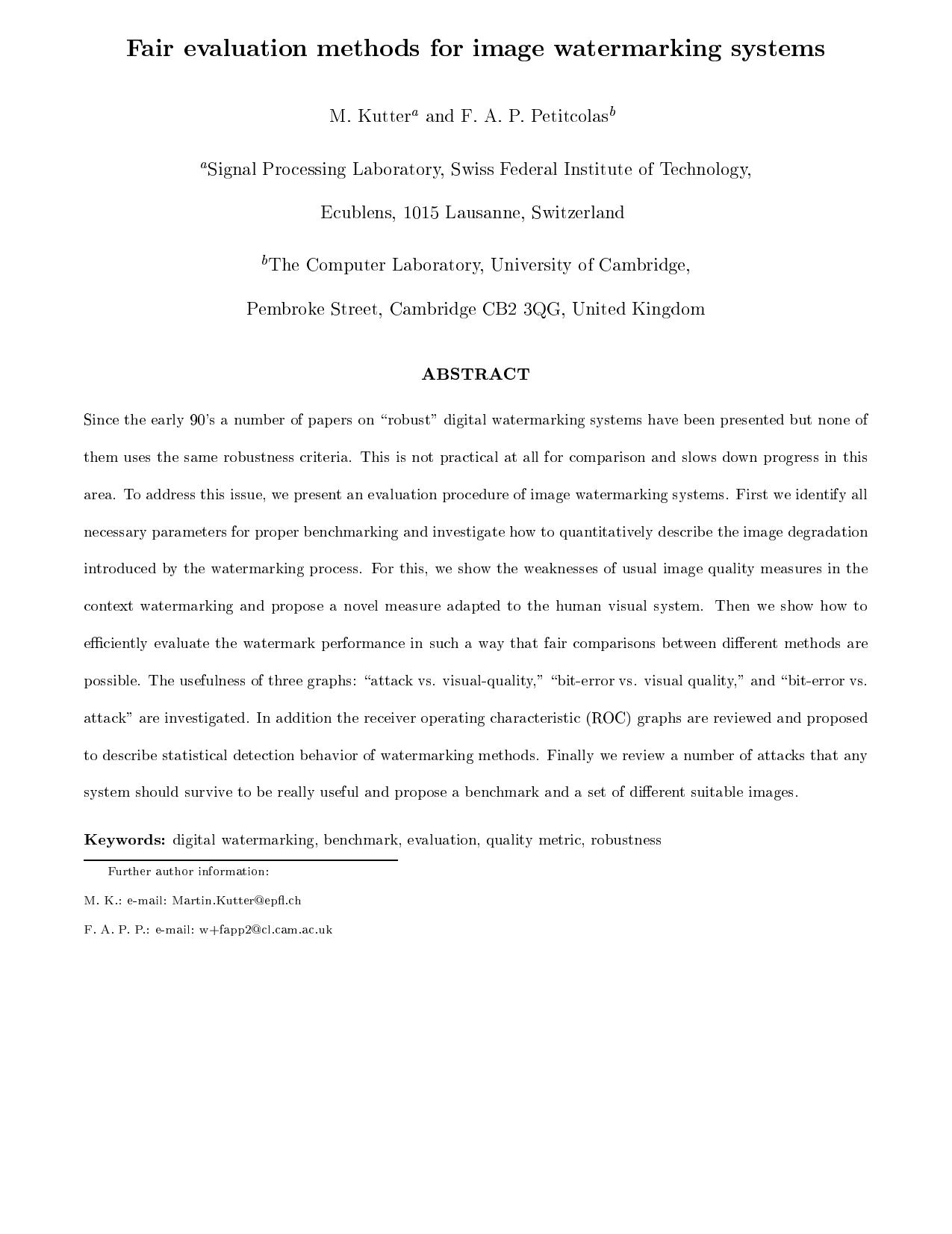 Fair Evaluation Methods for Image Watermarking Systems by Kutter Petitcolas