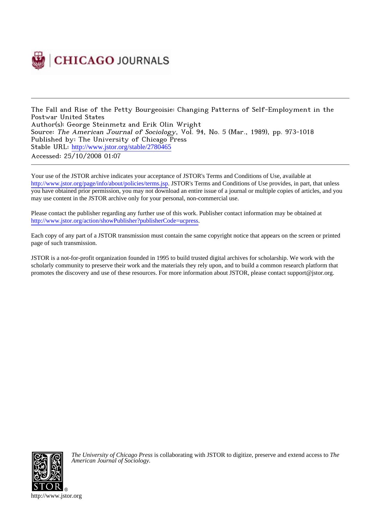 Fall And Rise Of The Petty Bourgeoisie [Changing Patterns Of Self-Employment In The Postwar United States] by Unknown
