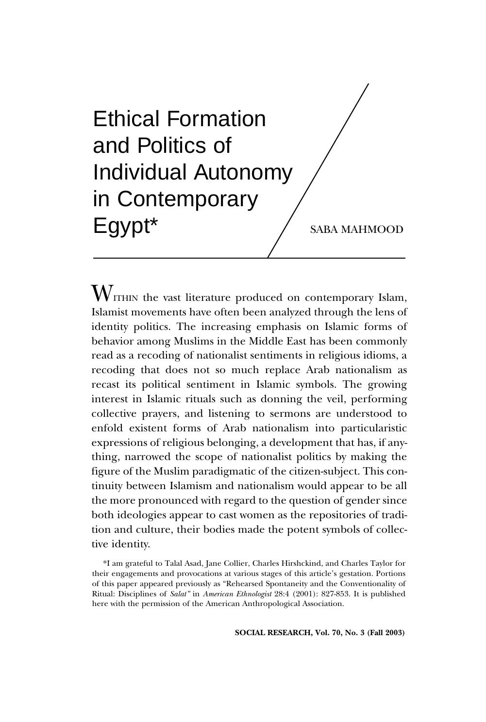 Fall SR issue. by Ethical Formation & Politics of Individual Autonomy in Contemporary E