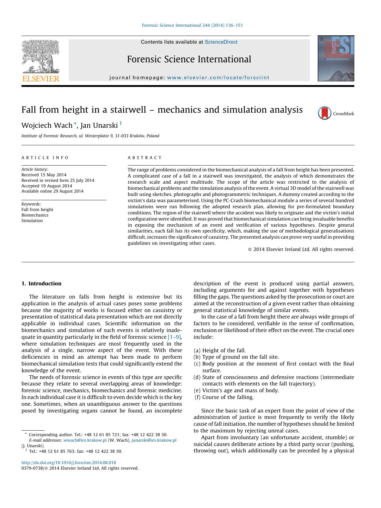 Fall from height in a stairwell â mechanics and simulation analysis by Wojciech Wach & Jan Unarski