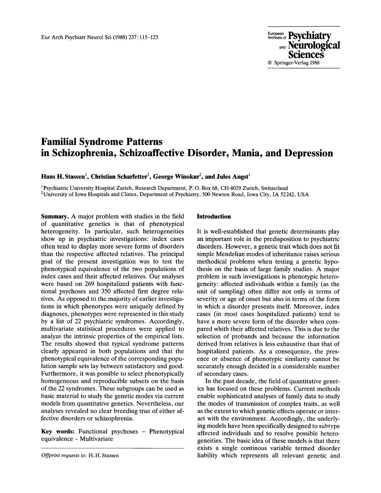 Familial syndrome patterns in schizophrenia, schizoaffective disorder, mania, and depression by Unknown