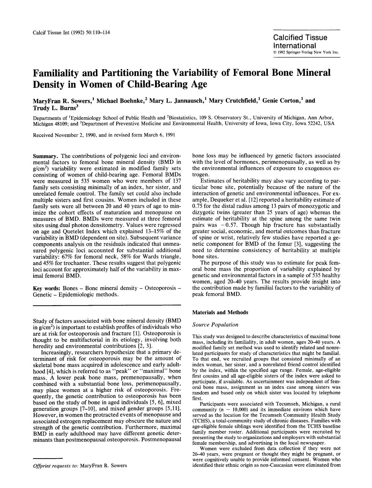 Familiality and partitioning the variability of femoral bone mineral density in women of child-bearing age by Unknown