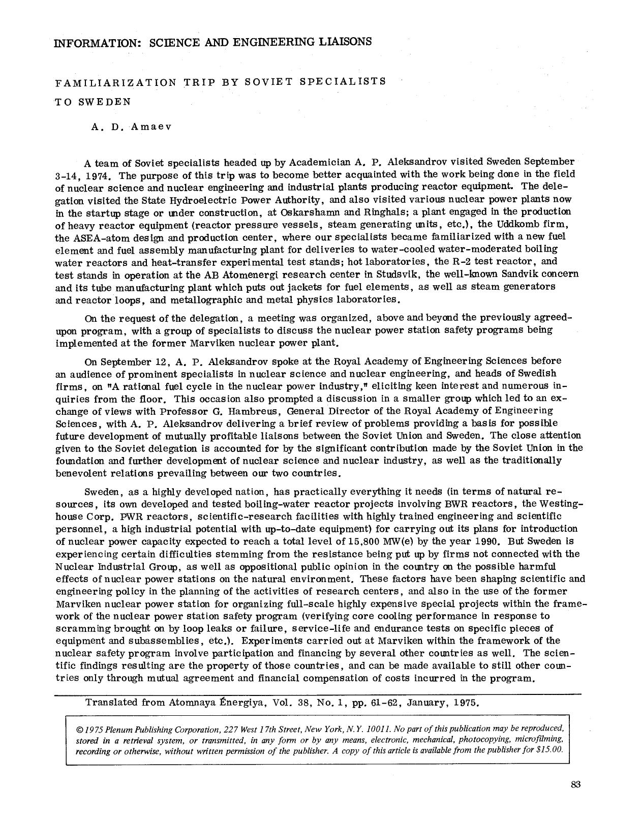 Familiarization trip by Soviet specialists to Sweden by Unknown