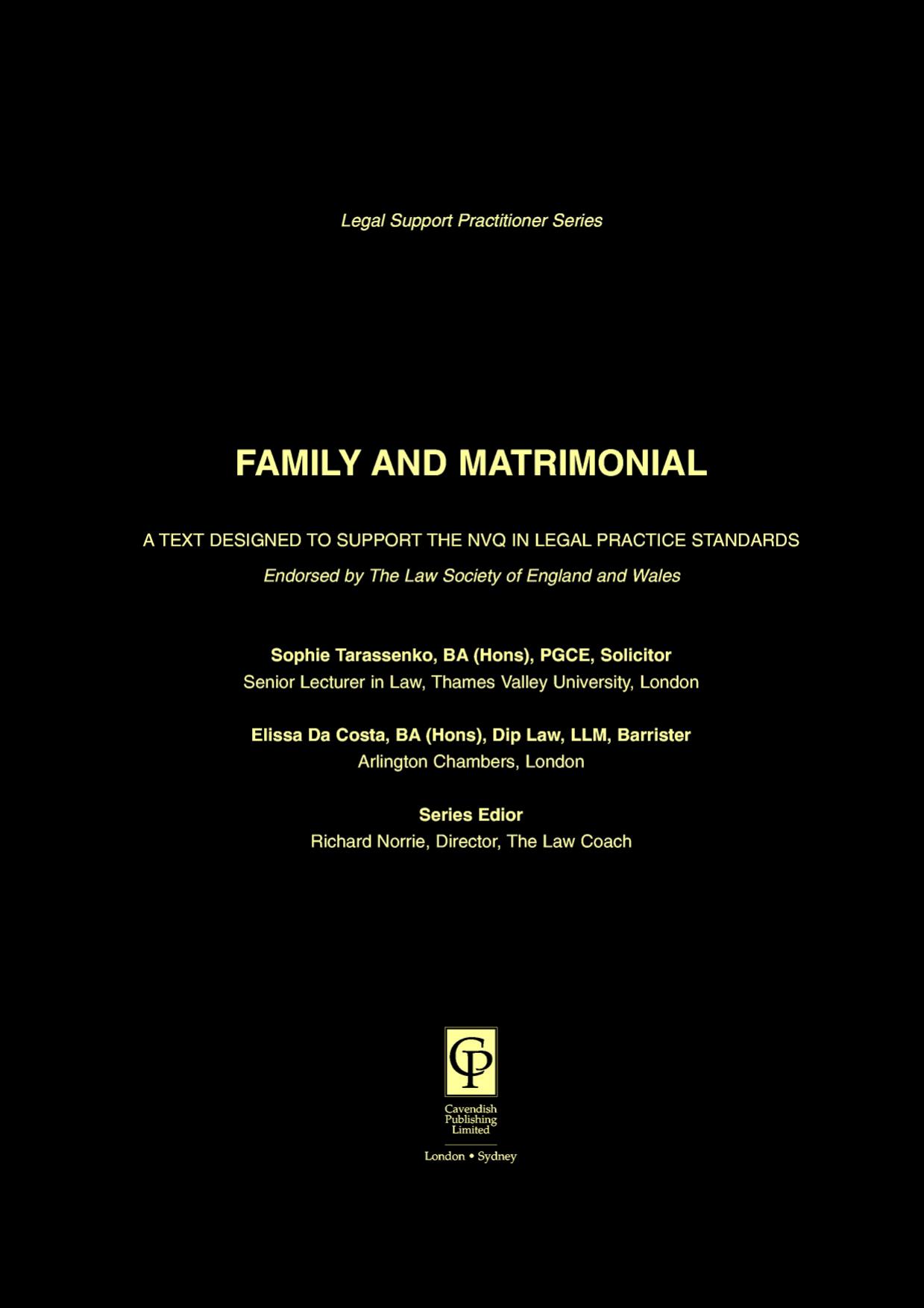 Family & Matrimonial (NVQ) (Legal Support Practitioner Series) by Tarassenko Sophie Tarassenko Elissa Da Costa Richard Norrie