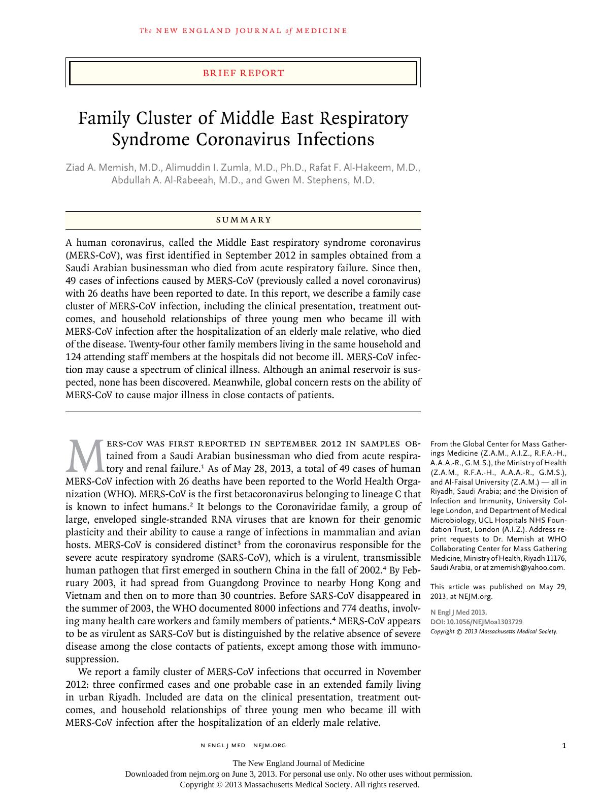 Family Cluster of Middle East Respiratory Syndrome Coronavirus Infections by Memish Ziad A. Zumla Alimuddin I. Al-Hakeem Rafat F. Al-Rabeeah Abdullah A. Stephens Gwen M