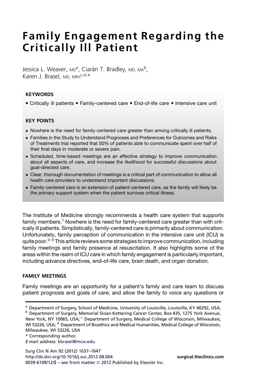 Family Engagement Regarding the Critically Ill Patient by Jessica L. Weaver MD & Ciarán T. Bradley MD MA & Karen J. Brasel MD MPH