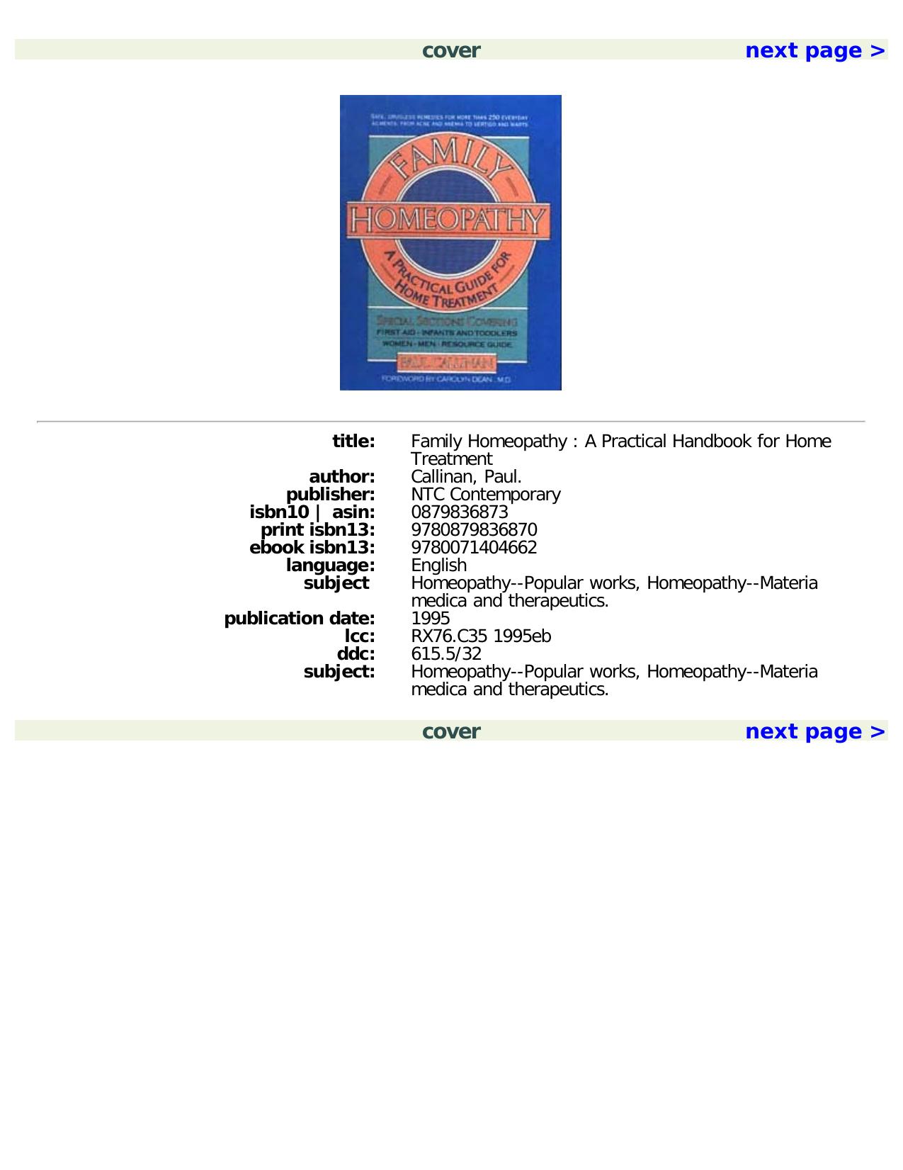 Family Homeopathy: A Practical Handbook for Home Treatment by Paul Callinan