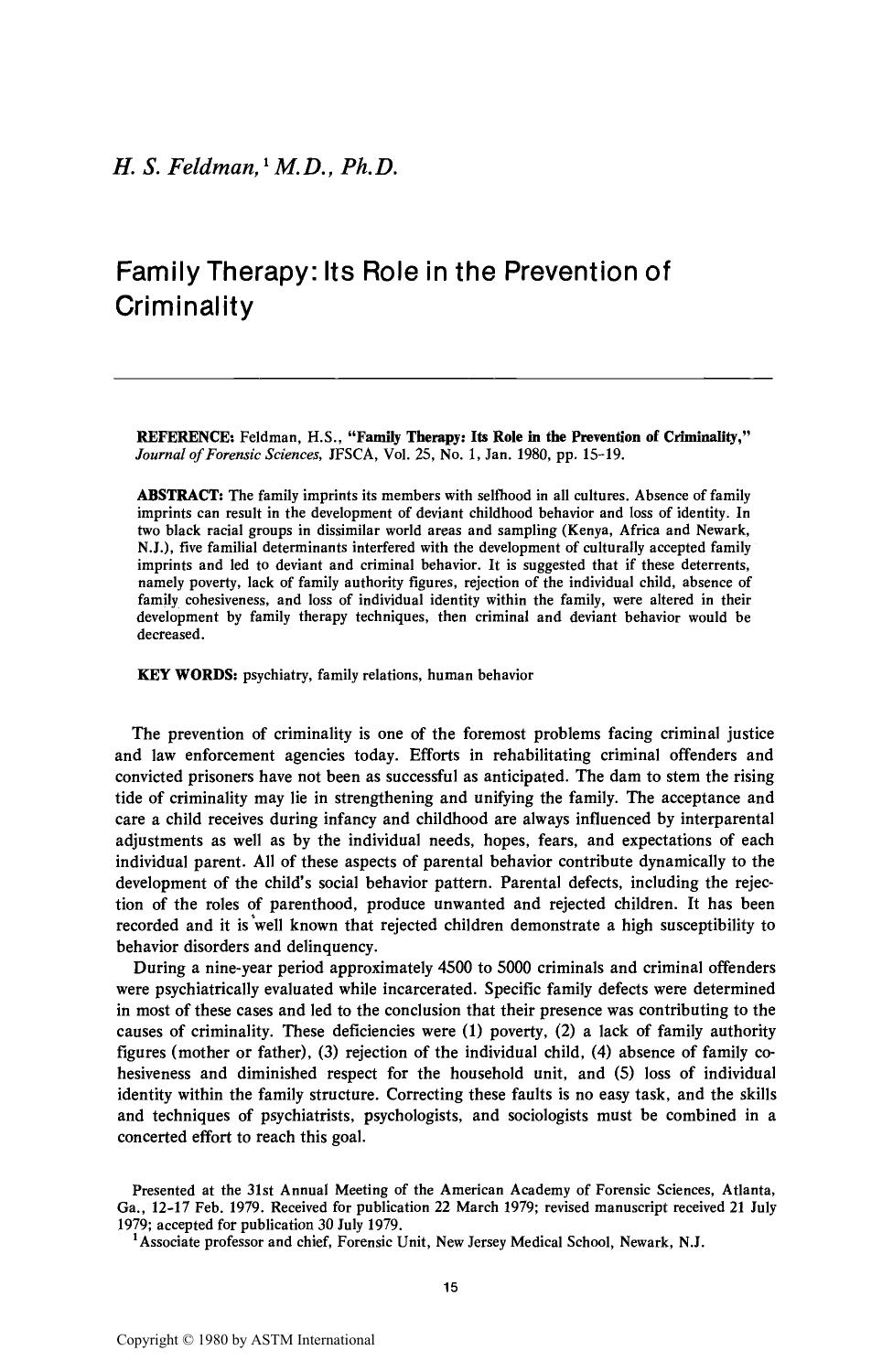 Family Therapy: Its Role in the Prevention of Criminality by Feldman HS