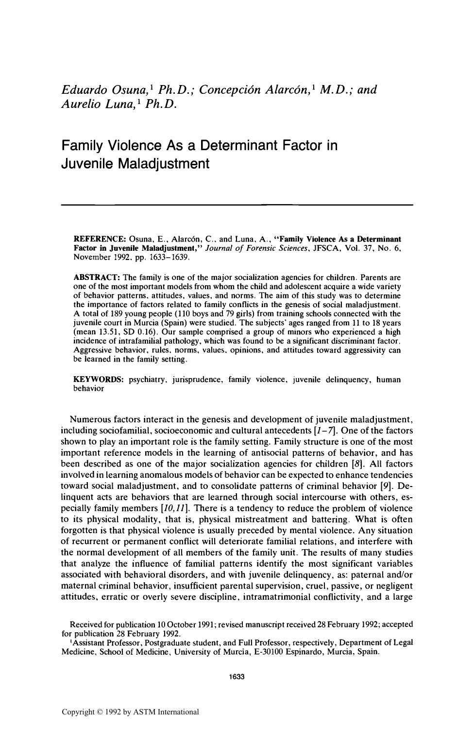 Family Violence As a Determinant Factor in Juvenile Maladjustment by Osuna E Alarc & oacute;n C Luna A