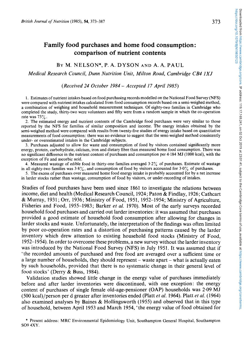 Family food purchases and home food consumption: comparison of nutrient contents by M. Nelson P. A. Dyson A. A. Paul
