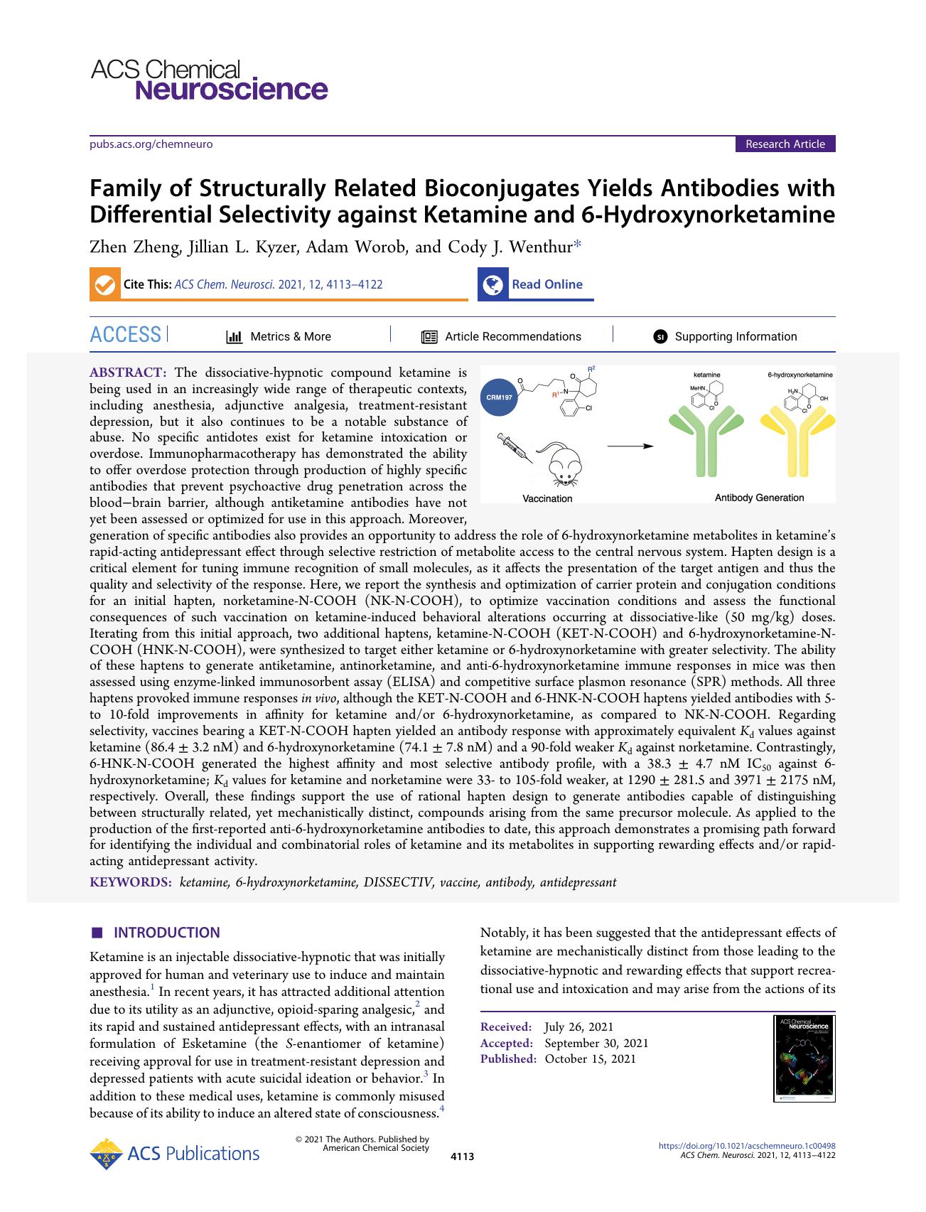 Family of Structurally Related Bioconjugates Yields Antibodies with Differential Selectivity against Ketamine and 6-Hydroxynorketamine by Zhen Zheng Jillian L. Kyzer Adam Worob and Cody J. Wenthur