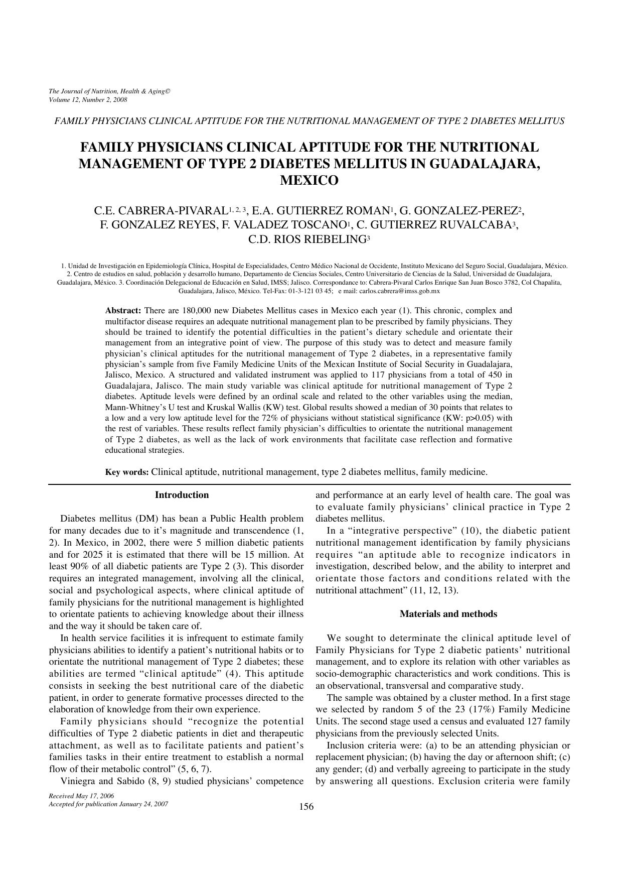 Family physicians clinical aptitude for the nutritional management of type 2 diabetes mellitus in Guadalajara, Mexico by Unknown
