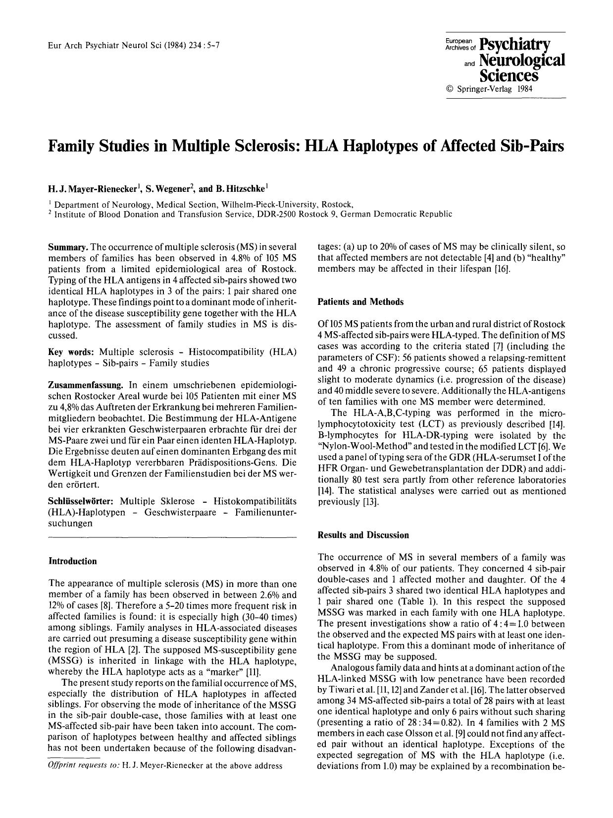 Family studies in multiple sclerosis: HLA haplotypes of affected sib-pairs by Unknown