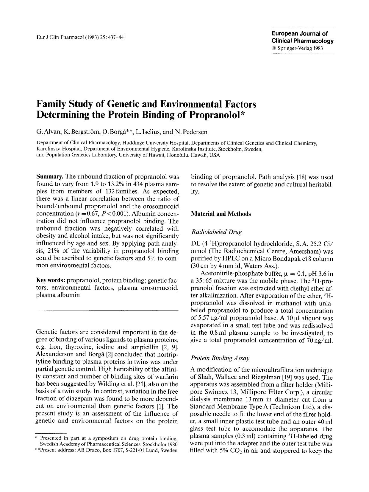 Family study of genetic and environmental factors determining the protein binding of propranolol by Unknown