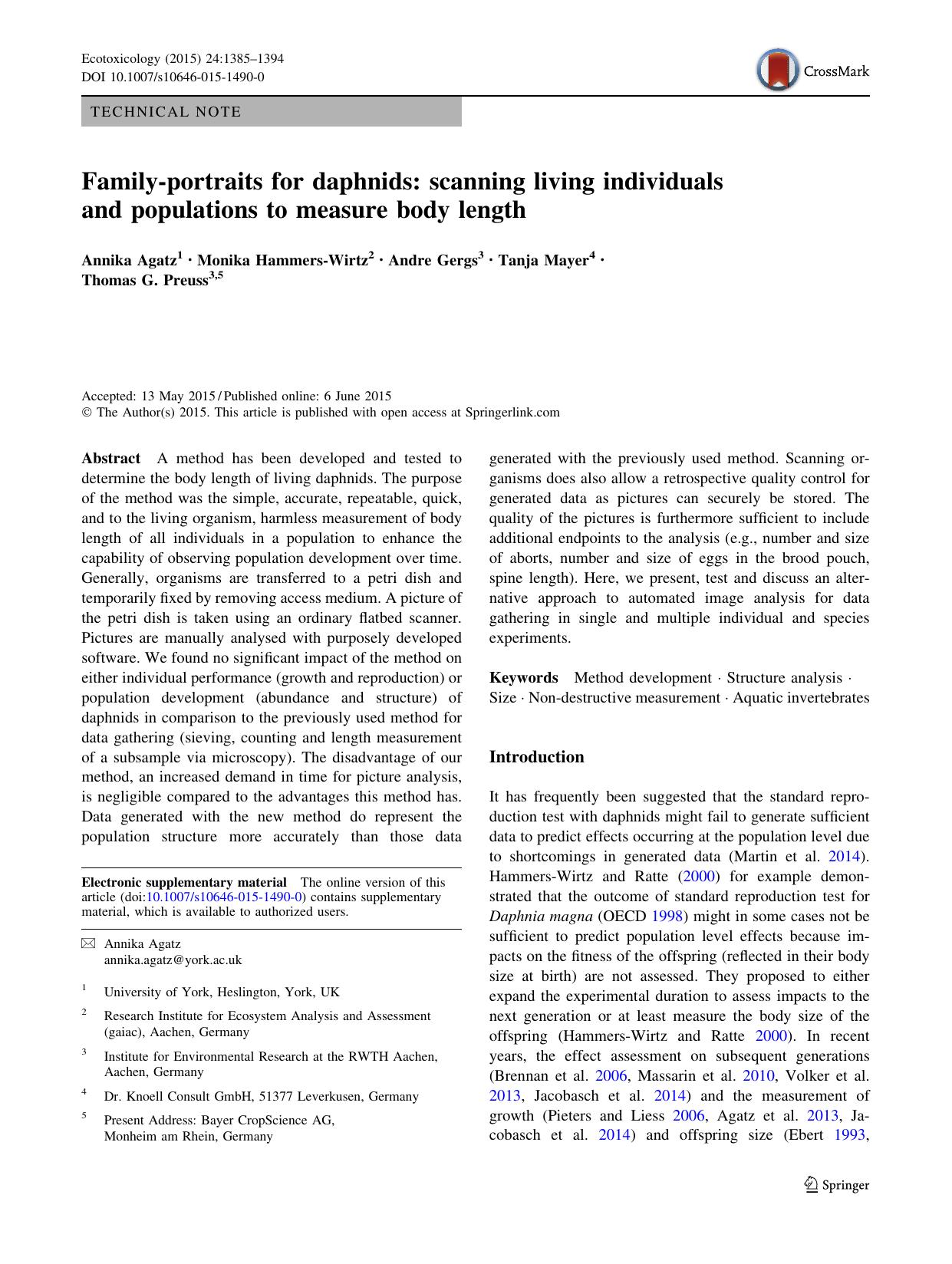 Family-portraits for daphnids: scanning living individuals and populations to measure body length by Annika Agatz & Monika Hammers-Wirtz & Andre Gergs & Tanja Mayer & Thomas G. Preuss