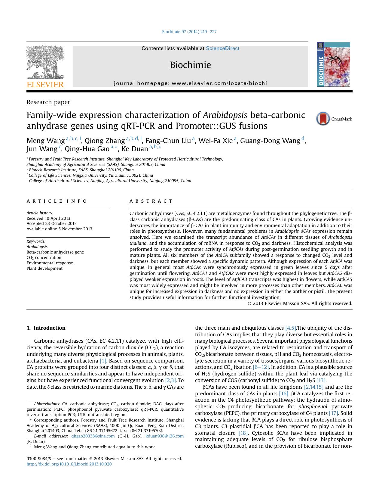 Family-wide expression characterization of Arabidopsis beta-carbonic anhydrase genes using qRT-PCR and Promoter::GUS fusions by unknow