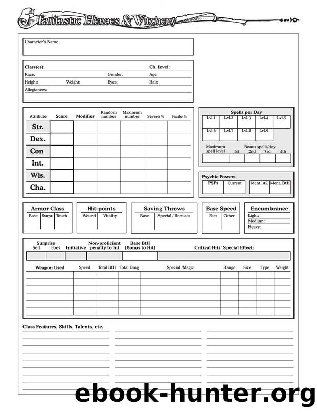 Fantastic Heroes & Witchery Charsheet 1 Page Form by Unknown