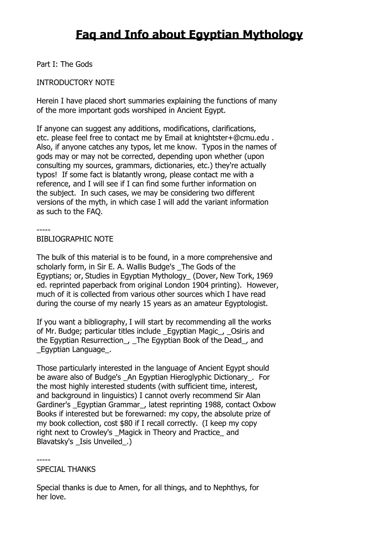 Faq and Info about Egyptian Mythology by Unknown