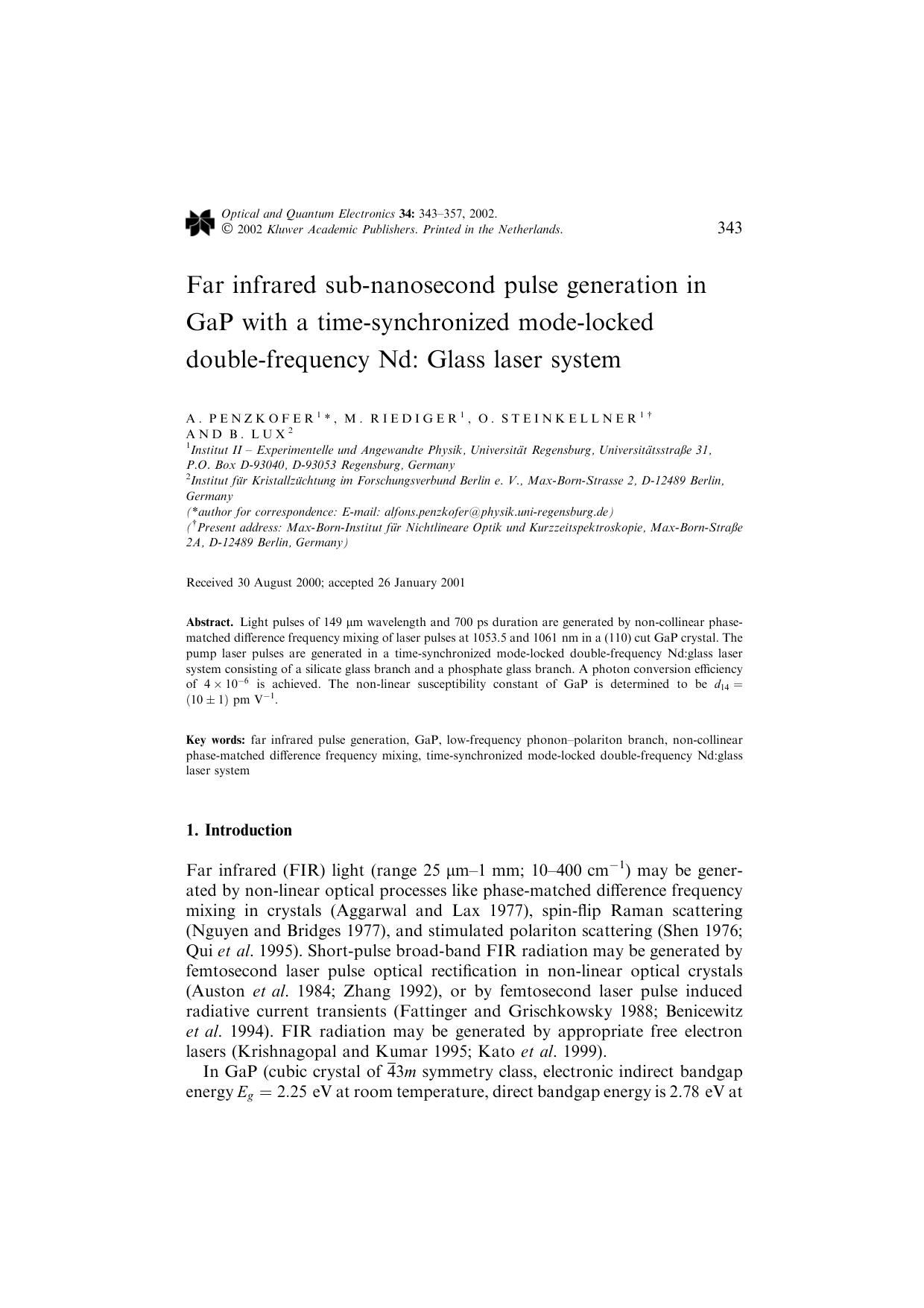 Far infrared sub-nanosecond pulse generation in GaP with a time-synchronized mode-locked double-frequency Nd: Glass laser system by Unknown