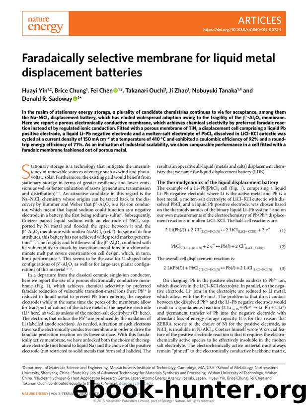 Faradaically selective membrane for liquid metal displacement batteries by Huayi Yin & Brice Chung & Fei Chen & Takanari Ouchi & Ji Zhao & Nobuyuki Tanaka & Donald R. Sadoway