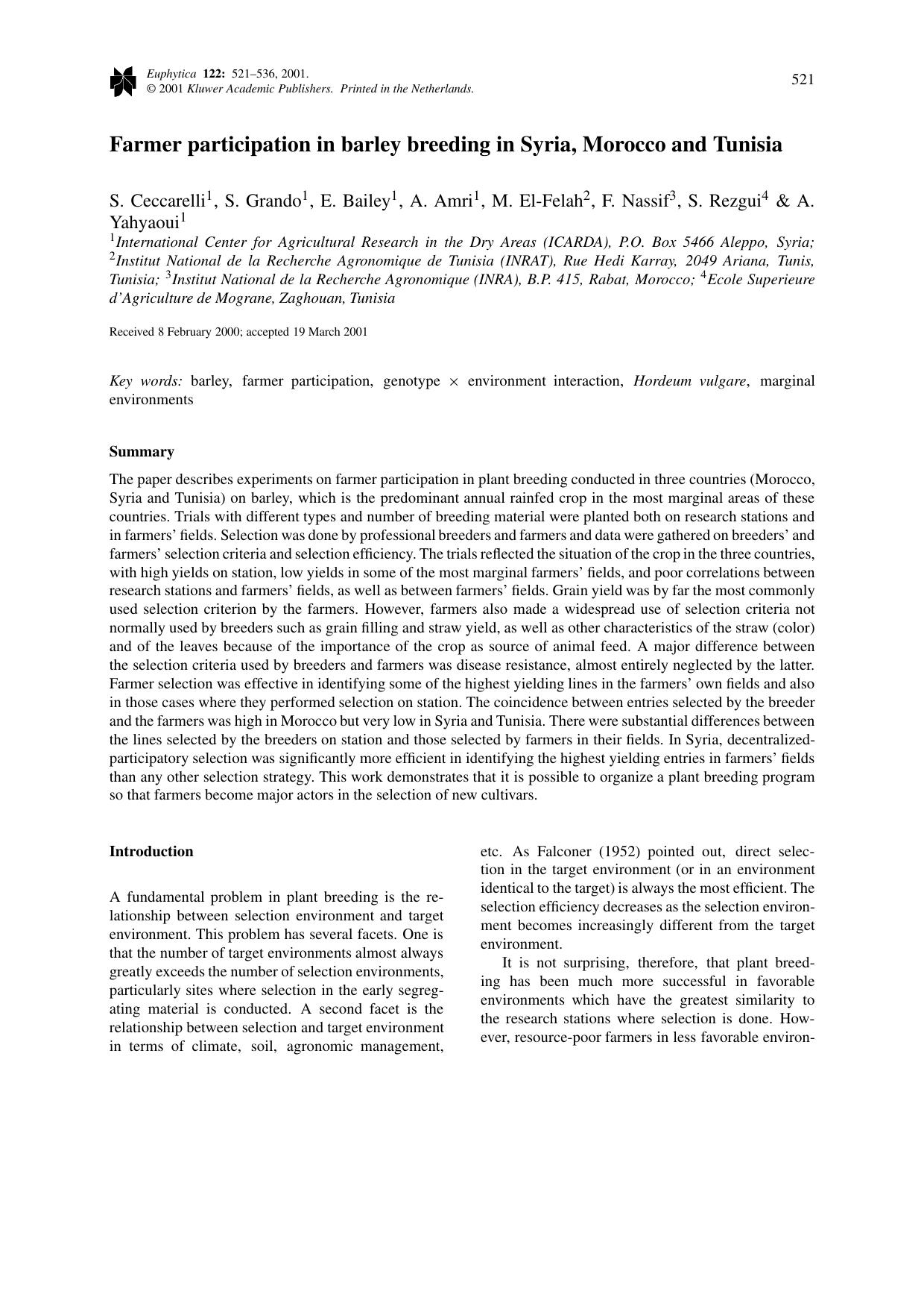 Farmer participation in barley breeding in Syria, Morocco and Tunisia by Unknown