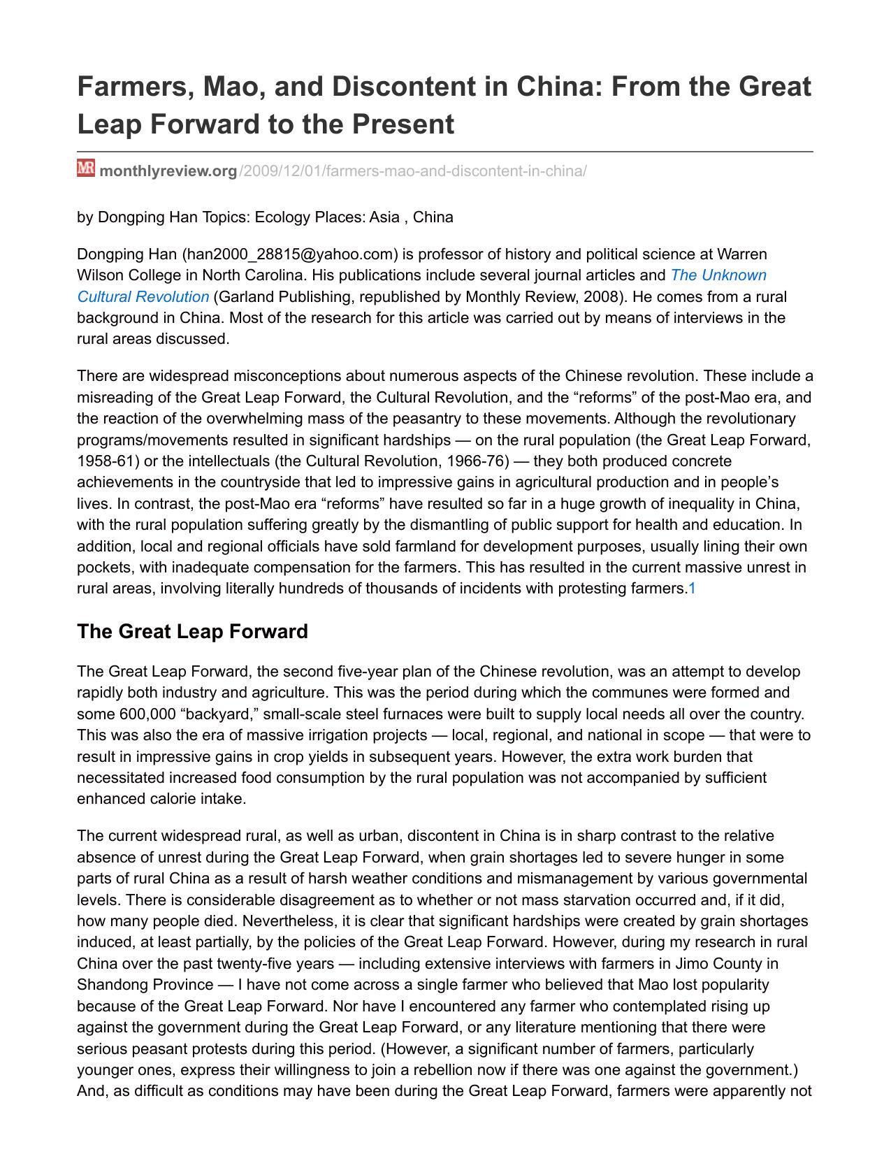Farmers, Mao, and Discontent in China: From the Great Leap Forward to the Present by Great Leap Forward to Present