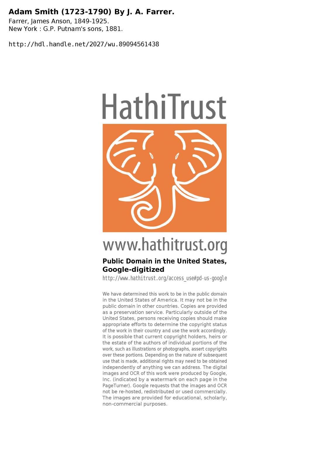 Farrar 1881 Adam Smith (1723-1790) by Unknown