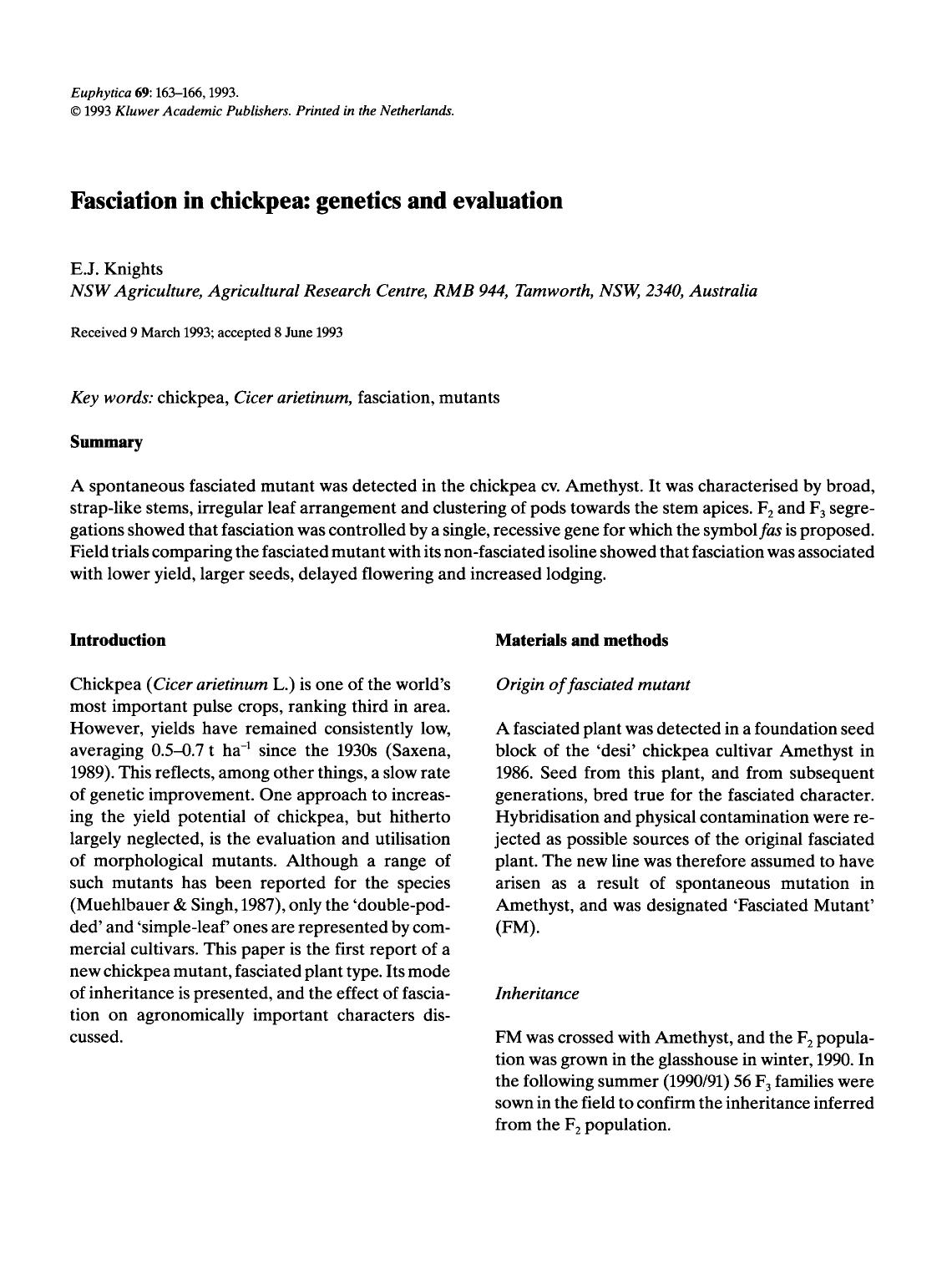 Fasciation in chickpea: genetics and evaluation by Unknown
