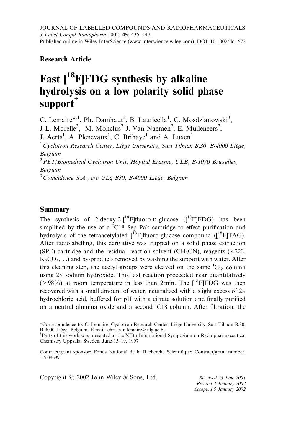 Fast [18F]FDG synthesis by alkaline hydrolysis on a low polarity solid phase support by Unknown