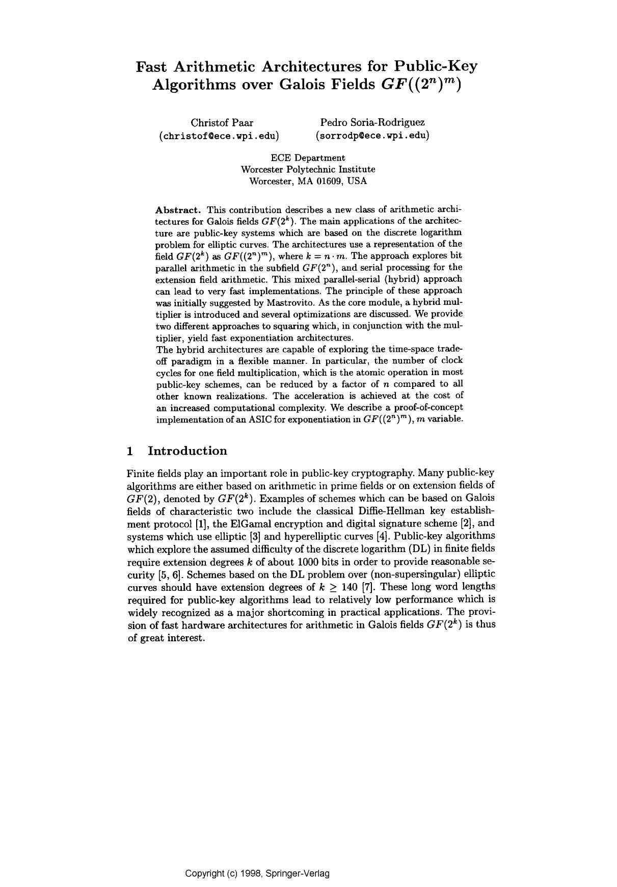 Fast Arithmetic Architectures for Public-Key Algorithms over Galois Fields GF((2n)m) by Paar C. & Soria-Rodriguez P