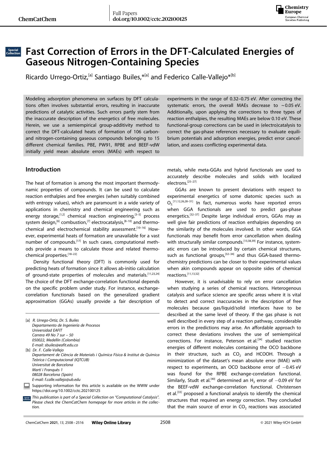 Fast Correction of Errors in the DFTâCalculated Energies of Gaseous NitrogenâContaining Species by Unknown