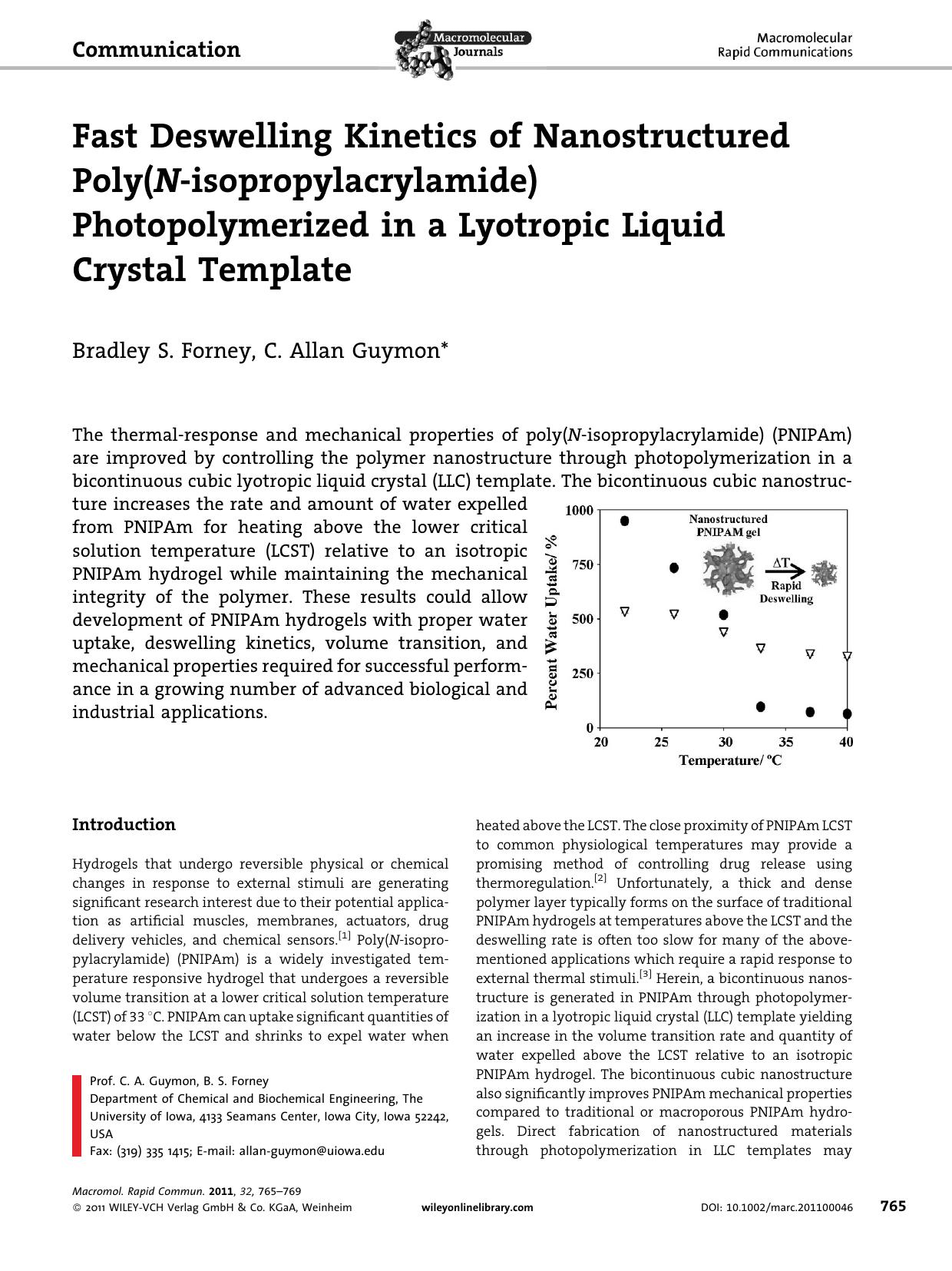 Fast Deswelling Kinetics of Nanostructured Poly(NIsopropylacrylamide) Photopolymerized in a Lyotropic Liquid Crystal Template by Unknown