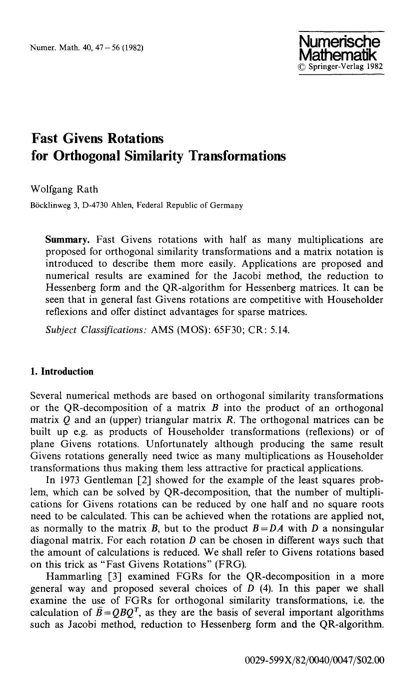 Fast Givens rotations for orthogonal similarity transformations by Unknown