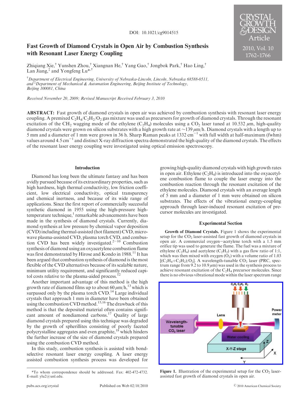 Fast Growth of Diamond Crystals in Open Air by Combustion Synthesis with Resonant Laser Energy Coupling by Unknown