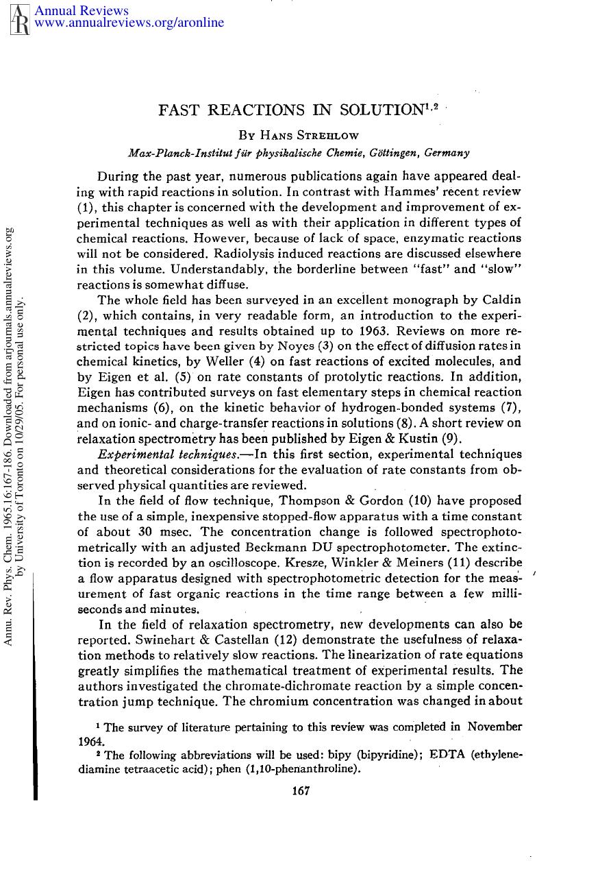 Fast Reactions in Solution by H Strehlow