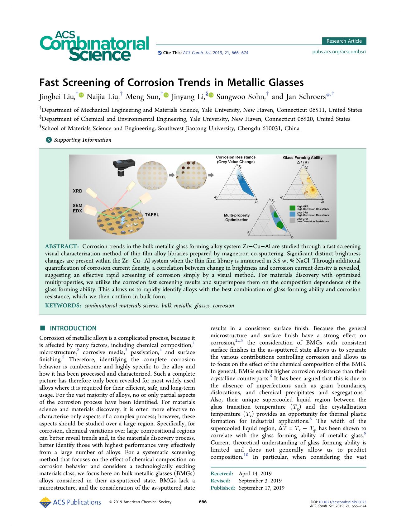 Fast Screening of Corrosion Trends in Metallic Glasses by Jingbei Liu Naijia Liu Meng Sun Jinyang Li Sungwoo Sohn and Jan Schroers