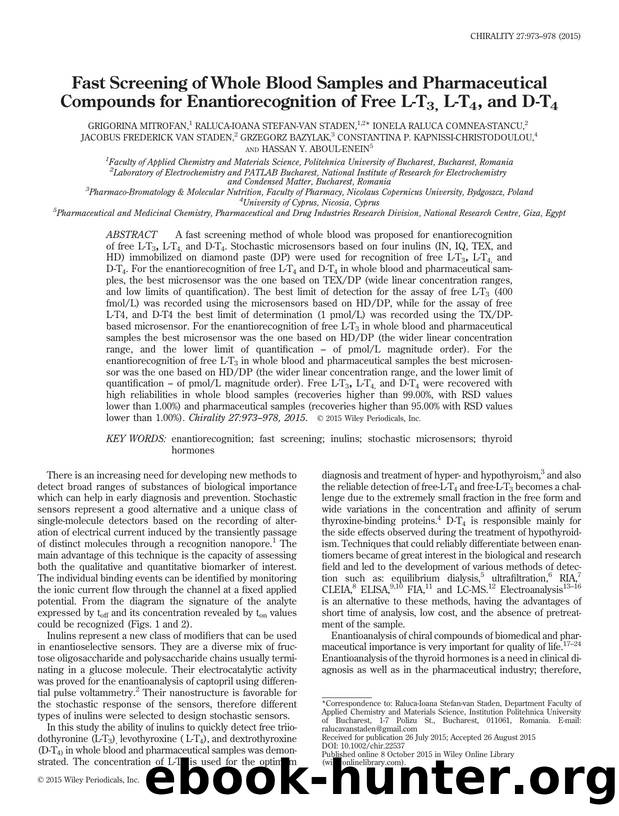 Fast Screening of Whole Blood Samples and Pharmaceutical Compounds for Enantiorecognition of Free L-T3, L-T4, and D-T4 by unknow