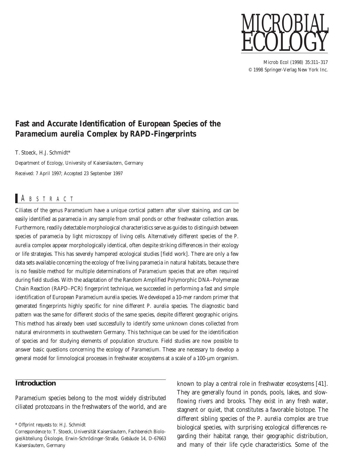 Fast and Accurate Identification of European Species of the Paramecium aurelia Complex by RAPD-Fingerprints by Stoeck T. et al