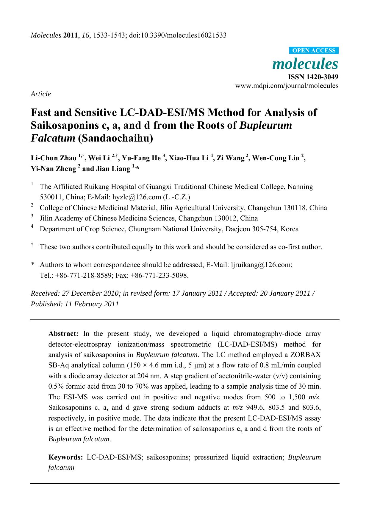 Fast and Sensitive LC-DAD-ESIMS Method for Analysis of Saikosaponins c, a, and d from the Roots of Bupleurum Falcatum (Sandaochaihu) by unknow