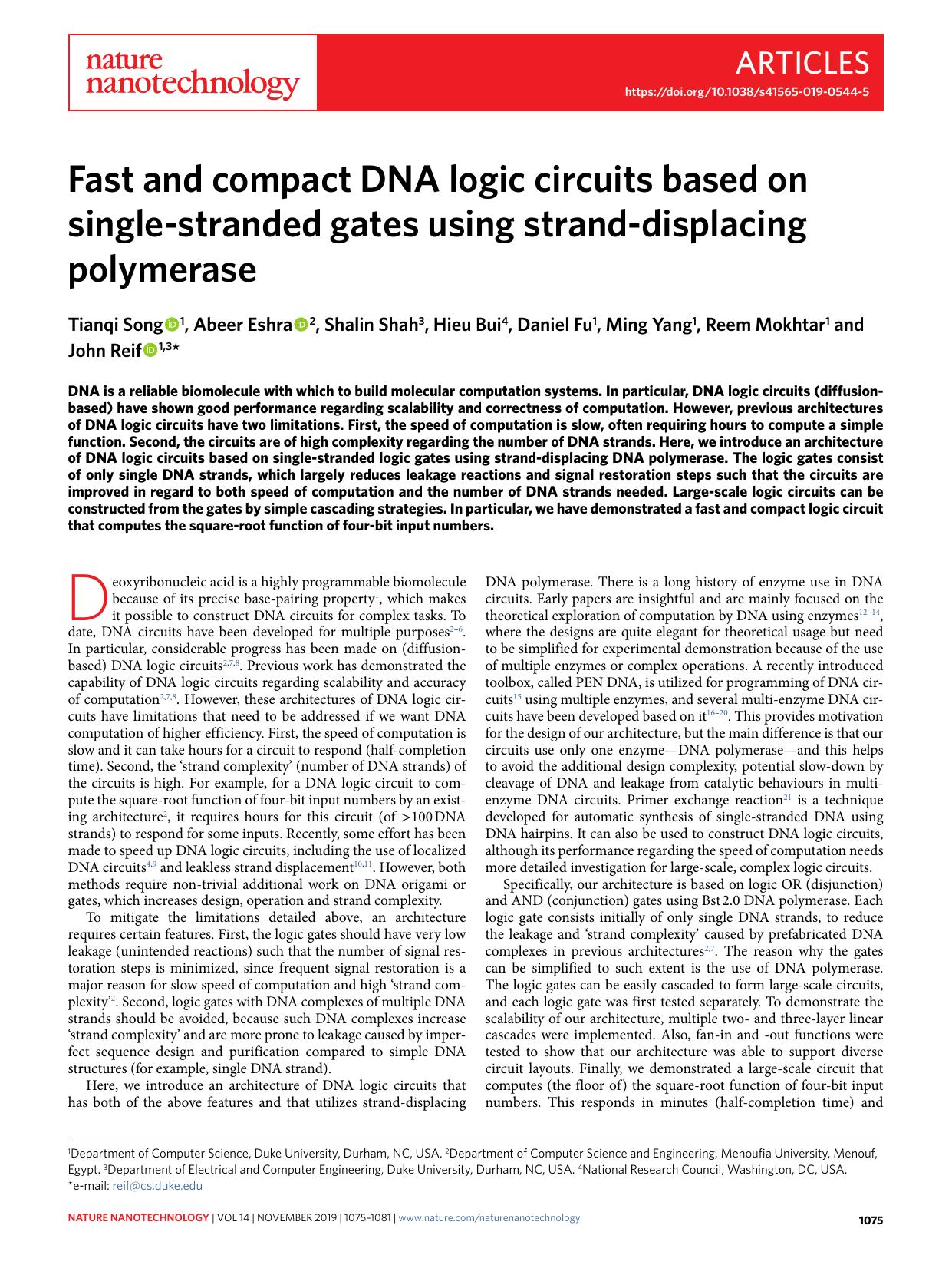 Fast and compact DNA logic circuits based on single-stranded gates using strand-displacing polymerase by unknow