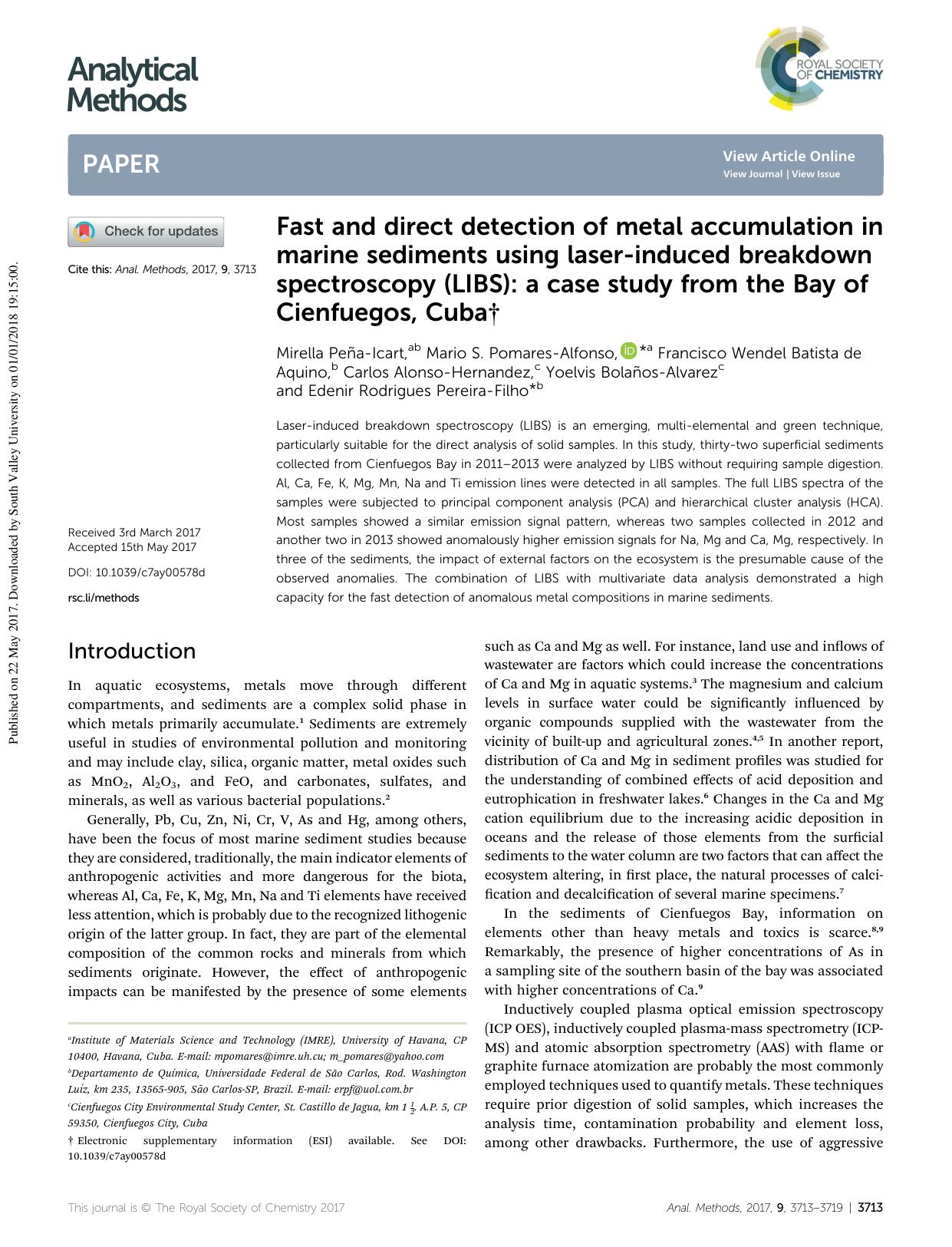 Fast and direct detection of metal accumulation in marine sediments using laser-induced breakdown spectroscopy (LIBS): a case study from the Bay of Cienfuegos, Cubaâ  by unknow