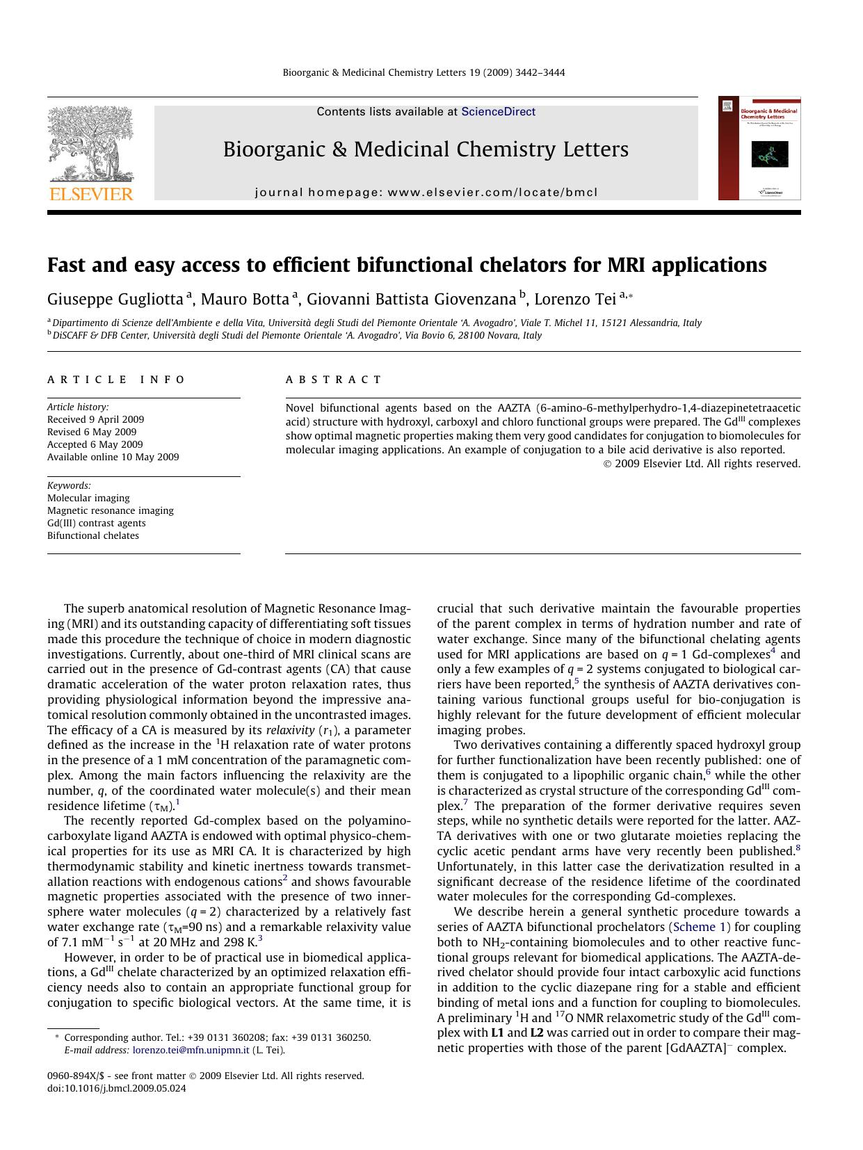 Fast and easy access to efficient bifunctional chelators for MRI applications by Giuseppe Gugliotta; Mauro Botta; Giovanni Battista Giovenzana; Lorenzo Tei