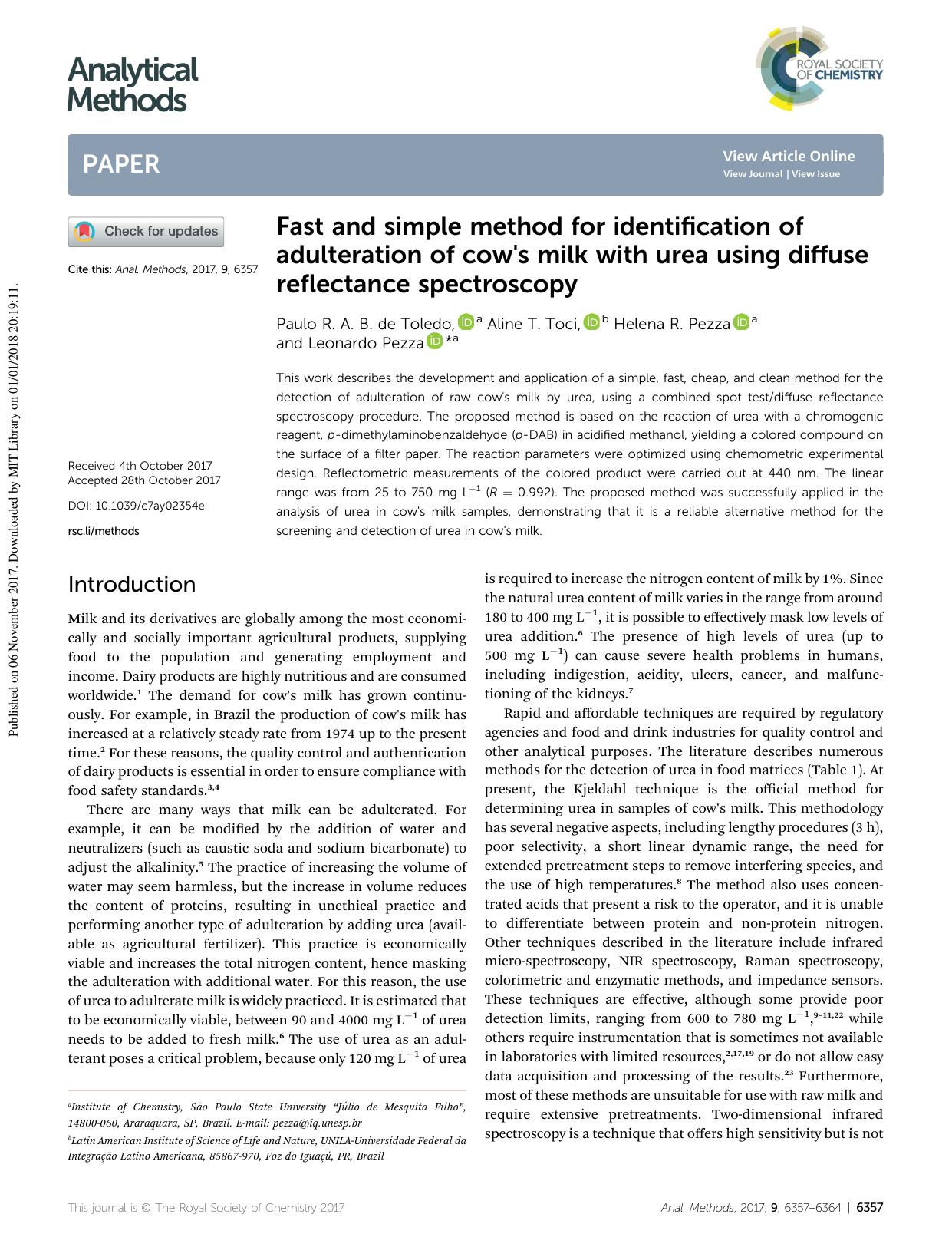 Fast and simple method for identification of adulteration of cow's milk with urea using diffuse reflectance spectroscopy by Paulo R. A. B. de Toledo & Aline T. Toci & Helena R. Pezza & Leonardo Pezza