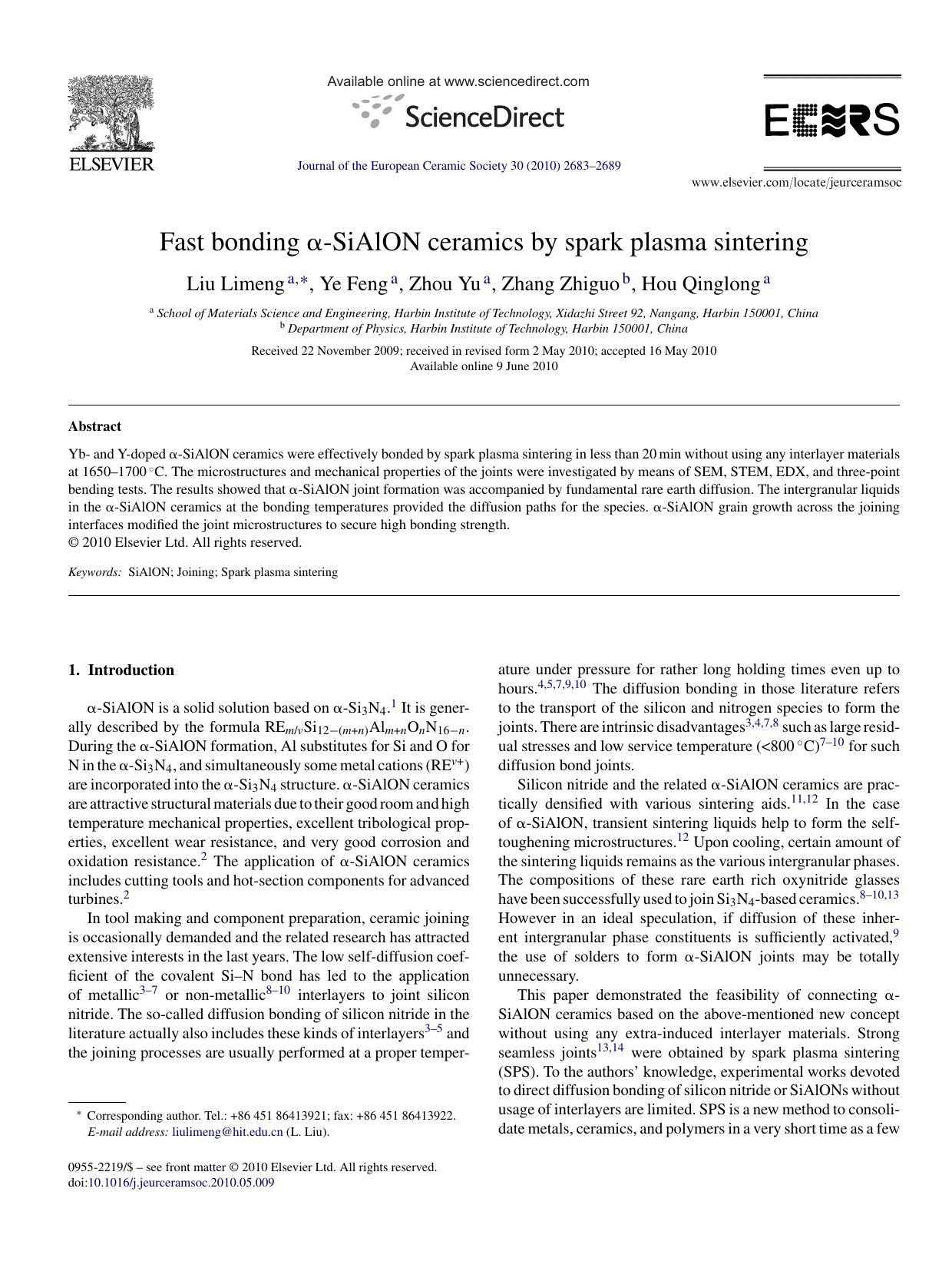 Fast bonding ÃÂ±-SiAlON ceramics by spark plasma sintering by Liu Limeng; Ye Feng; Zhou Yu; Zhang Zhiguo; Hou Qinglong