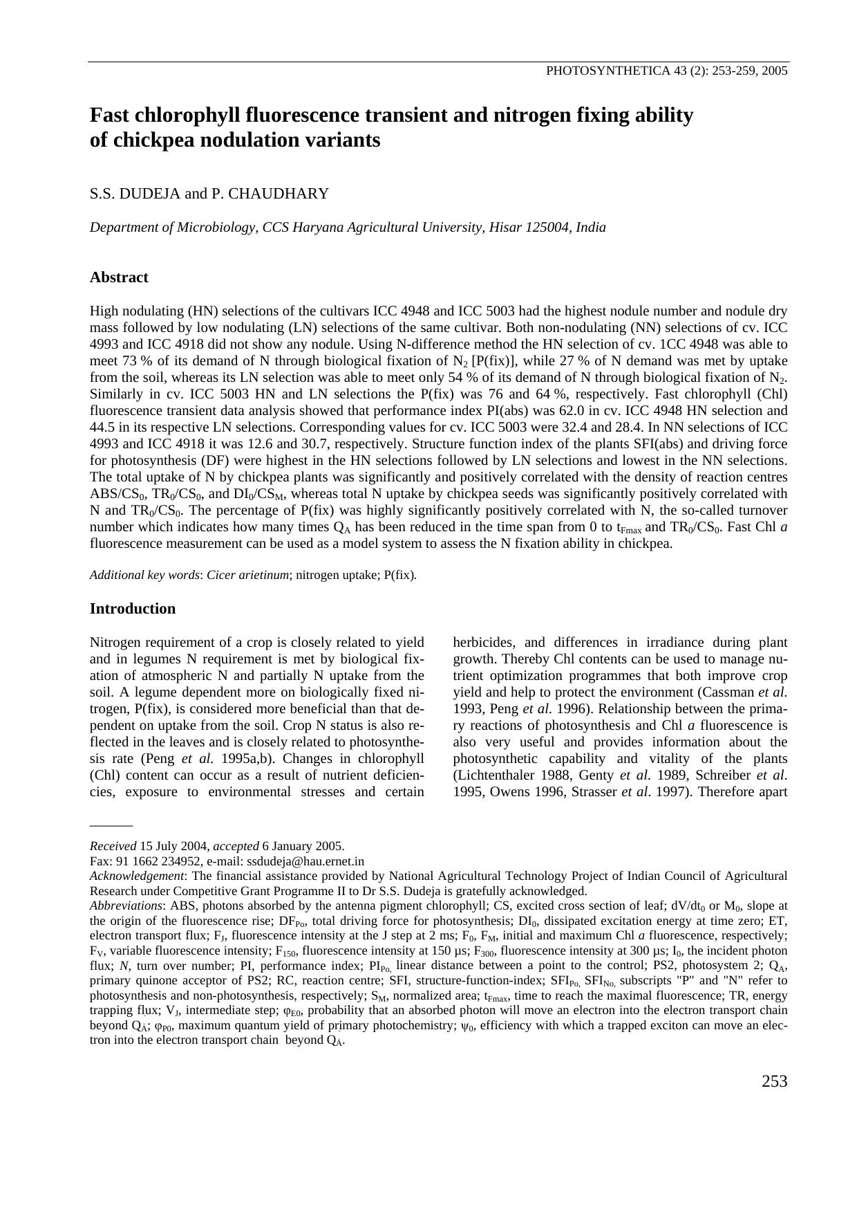 Fast chlorophyll fluorescence transient and nitrogen fixing ability of chickpea nodulation variants by Unknown